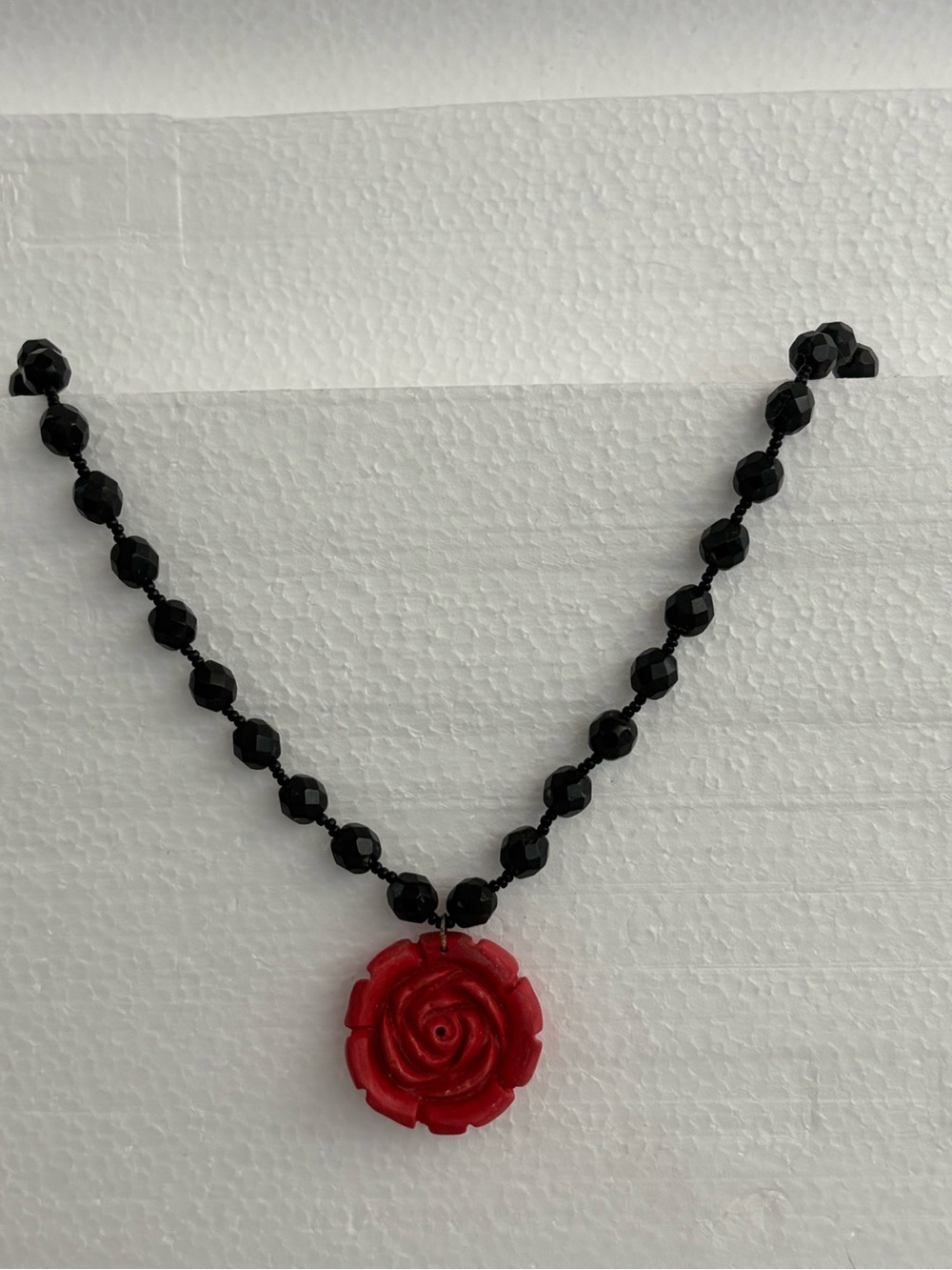Black Beaded Choker Necklace with Red Rose Clay Pendant - Women Jewelry
